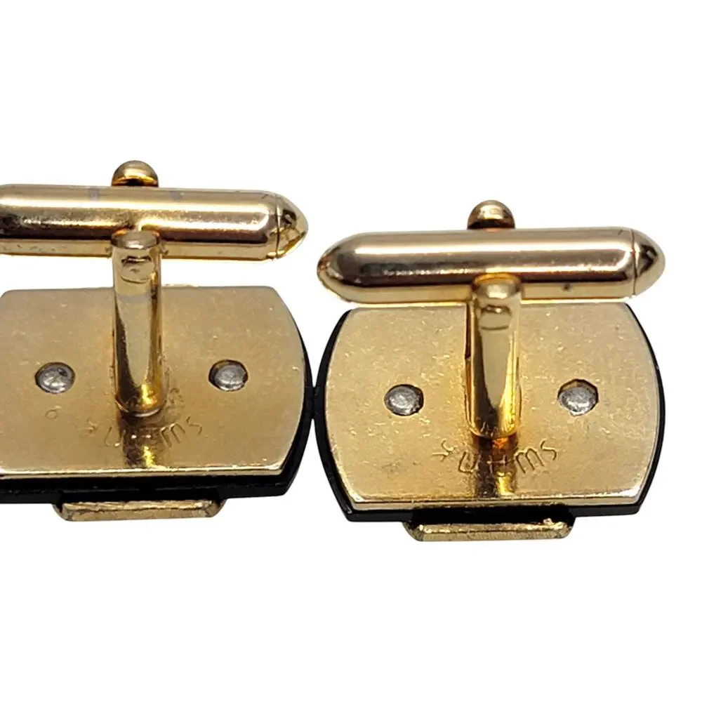 Vintage Swank Initial T Cufflinks Gold Tone Black Monogram Mid Century Mens